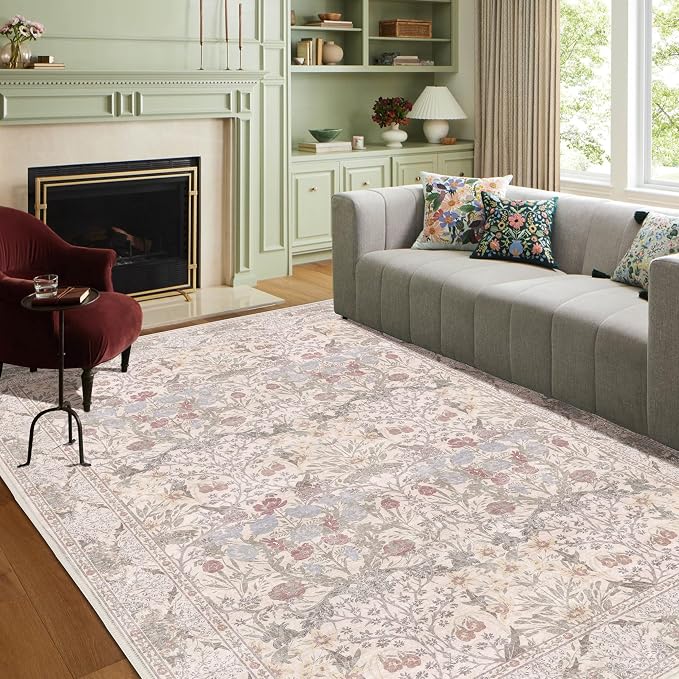 5x7 Washable Rug Vintage Floral Beige Area Rug Non Slip Low Pile Large Rugs for Living Room, Bedroom, Farmhouse, Dining Room, Kids Playroom
