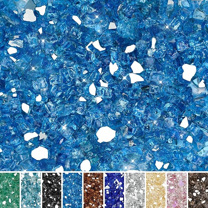 Skyflame Fire Pit Glass Rocks, 15 Pound Pacific Blue Reflective Fire Glass for Outdoor Indoor Fire Bowl Fireplace, 1/2-Inch