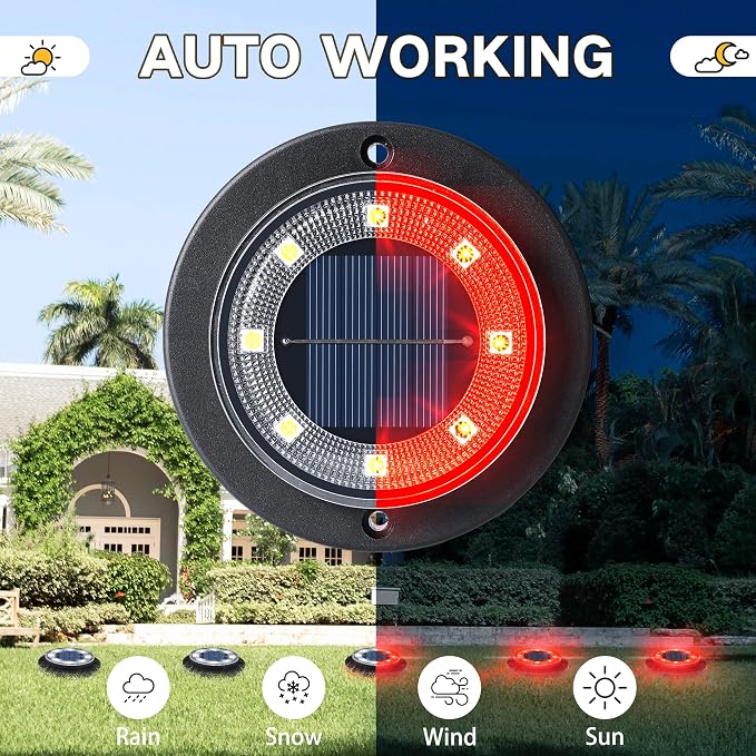 Flacchi Solar Ground Lights - Solar Powered Lights Outdoor Solar Disk Light Waterproof Landscape Light for Patio Yard Pathway Walkway Driveway (Red, 12 Pack)