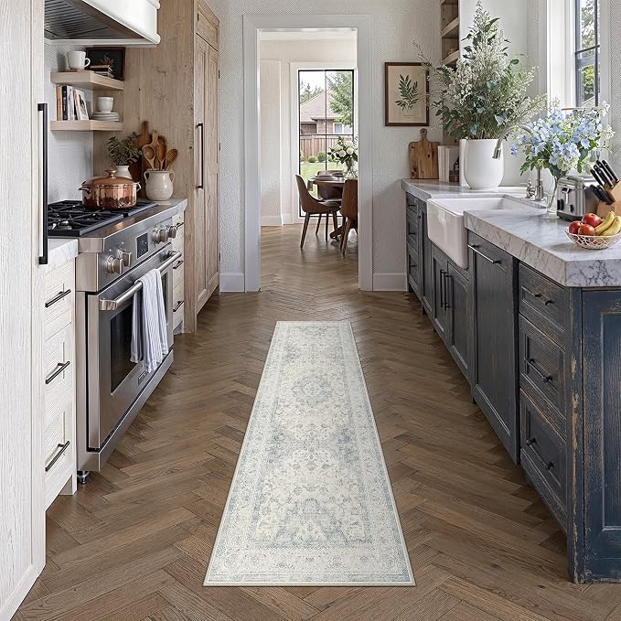 2x6 Blue Washable Runner Rug Non Slip Vintage Carpet | Low Pile, Stain Resistant, Living Room, Kitchen, Bedroom, Entryway, Laundry Room, Hallway, Soft, Thin, Lightweight