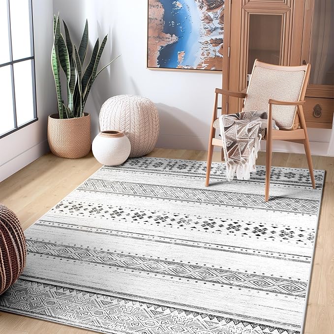 4x6 Washable Area Rugs for Living Room Boho Bedroom Rug Grey/Black/Navy | Vacuum Friendly, Machine Washable, Non-Slip Rug, Stain Resistant, Moroccan Geometric, Low Pile Carpet, Dining Room Kitchen