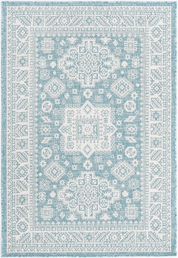 Unique Loom Outdoor Aztec Collection Area Rug - Chalca (4' 1" x 6' 1" Rectangle, Aqua/ Ivory)