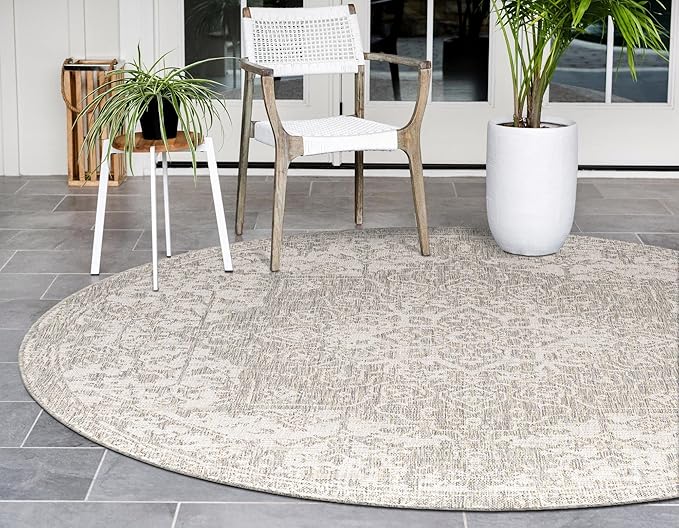 Unique Loom Outdoor Collection Area Rug - Dubai (10' 8" Round, Gray/ Ivory)