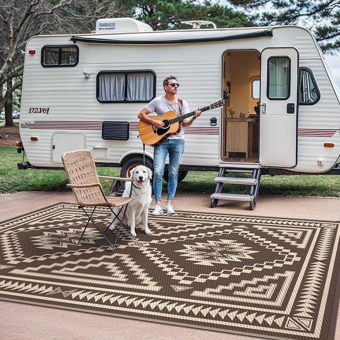 GENIMO Outdoor Rug for Patio Clearance - 9x12 ft Waterproof Plastic Camping Rugs, Reversible Outside Rv Mat Carpet for Porch, Deck, Picnic, Balcony, Beach, Backyard, Coffee Beige