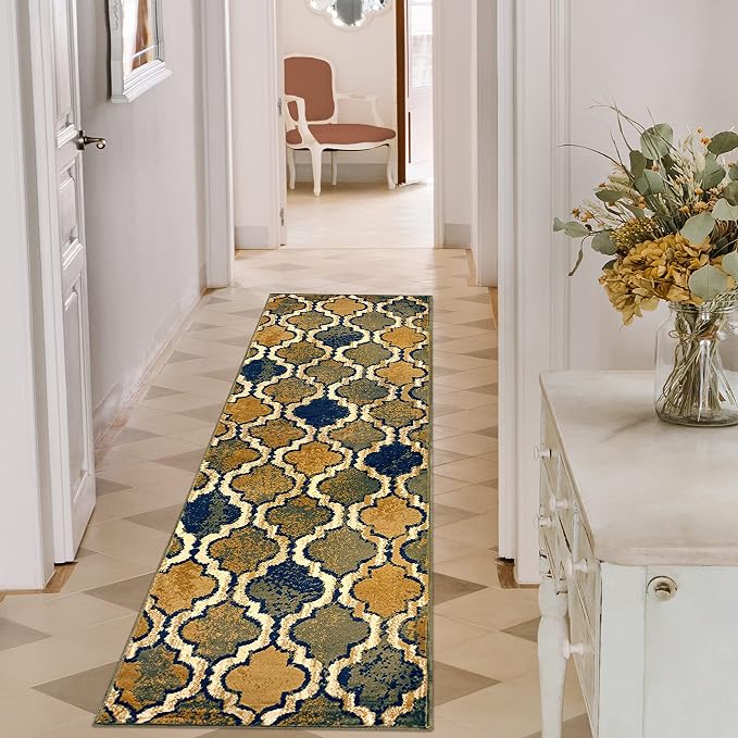 SUPERIOR Indoor Runner Rugs, Modern Area Rug, 2'7"x8', Green | Geometric Design Floor Décor, Easy Care High Traffic Areas Living Dining Room, Bedroom, Office, Entryway, Viking Collection