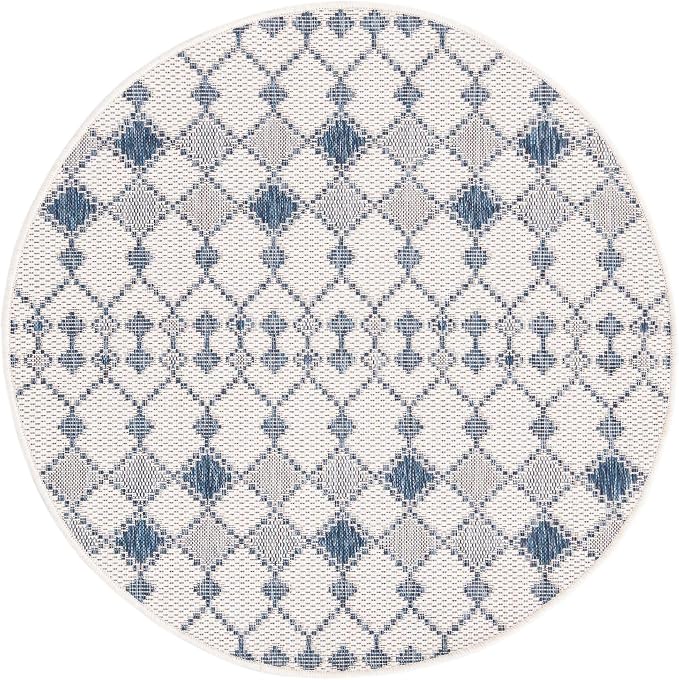 Unique Loom Outdoor Trellis Collection Area Rug - Traliccio (4' 1" Round, Ivory/ Navy Blue)