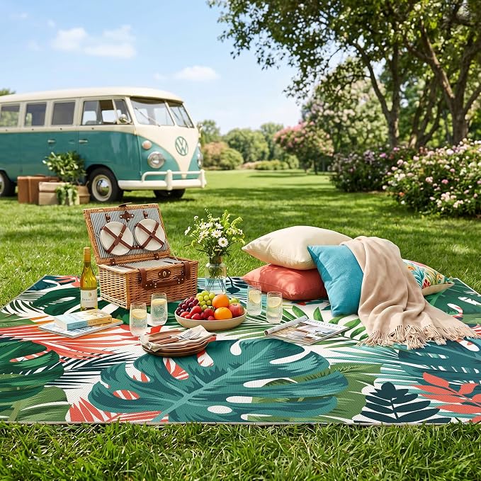 Arenarug 6x9 Monstera Tropical Outdoor Rug – Waterproof Non-Slip Machine Washable Patio Rug, UV & Stain Resistant Outdoor Carpet for Patio Deck Balcony Backyard, Teal