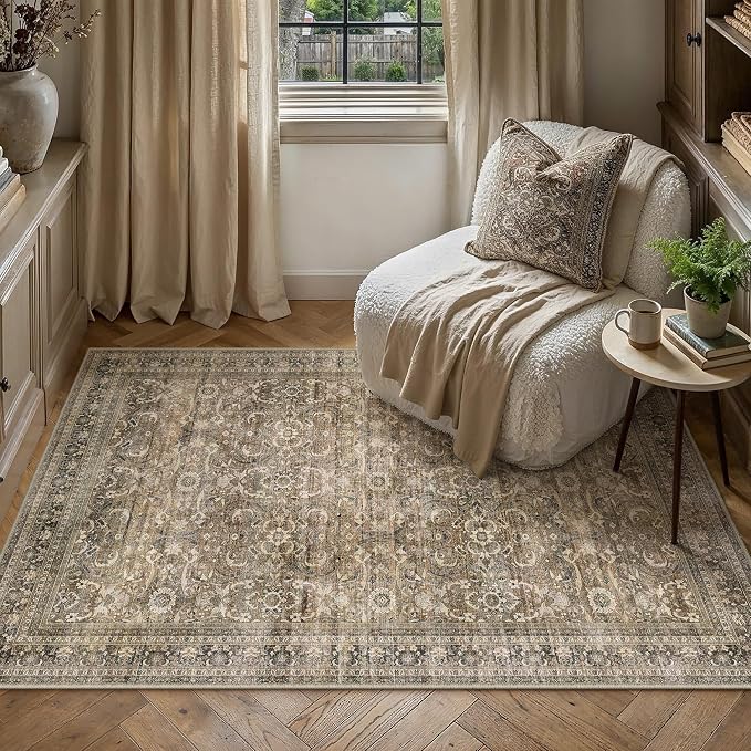 3x5 Washable Area Rug for Entryway,Brown | Vintage Floral,Thick Mid Pile, Non Slip,Soft Plush Rug for Kitchen, Bathroom, Bedroom, Door Mat