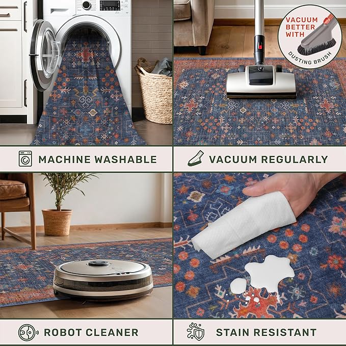 Navy Blue Area Rug 5x7 Living Room Rug - Machine Washable Rugs for Bedroom, Dining Room, Kitchen Floor, Small Office, Low Pile Non-Slip Rubber Backing & Stain Resistance