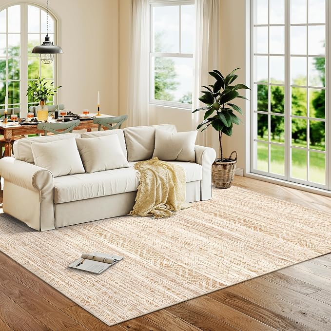 Miukiki 6x9 Area Rug Washable Non Slip Rug for Living Room Beige | Soft Low Pile Washable Area Rug Bedroom Dining Room, Stain Resistant Carpet with Easy Care Design 6'x9'