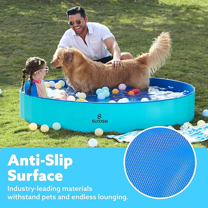 SLOOSH Foldable Dog Kiddie Pool - Portable Hard Plastic Doggie Swimming Pool, Anti-Slip Collapsible Pets Bath Tub Suitable for Kids Indoor Outdoor Backyard Use (Blue, 63" x 12")