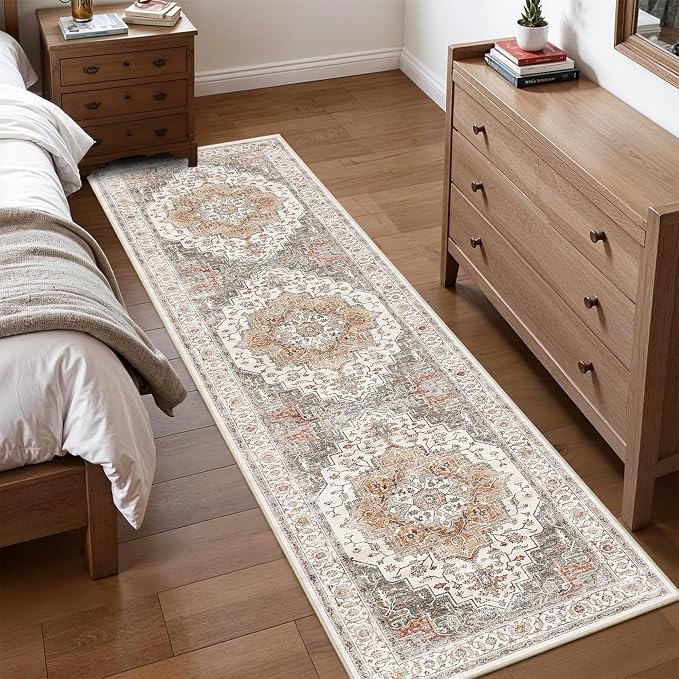 2x8 Vintage Runner Rug Low Pile Non-Slip Washable Kitchen Rug | Retro Distressed Print Rug Orange Gray Carpet Stain Resistant Non-Shedding Long Rug for Hallway Kitchen Bedroom Laundry Room