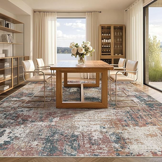 Tortania Washable 5x7 Area Rug for Living Room: Modern Abstract Neutral Large Soft Thin Rugs - Non Slip Indoor Carpet for Bedroom Dining Room Office Nursery Home Floor Decoration - Colorful Multi