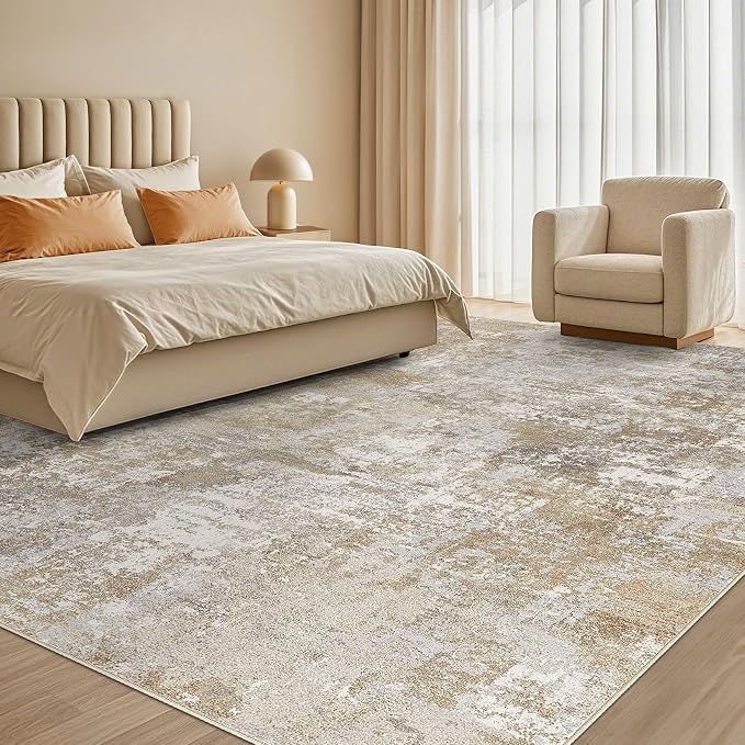 Tortania Washable 10x14 Area Rug for Living Room: Modern Abstract Neutral Large Soft Thin Rugs - Non Slip Indoor Carpet for Bedroom Dining Room Office Nursery Home Floor Decoration - Beige Brown