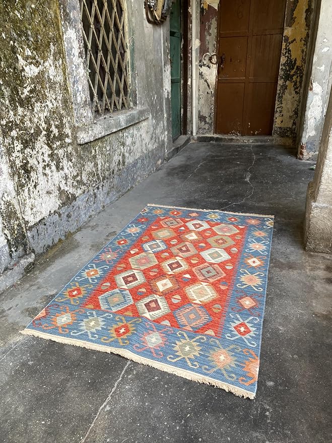 Secret Sea Collection: Modern Kilim Series Area Rug & Runner, Cotton, Reversible, Washable (2'8" x 6'7", Antique Birds)
