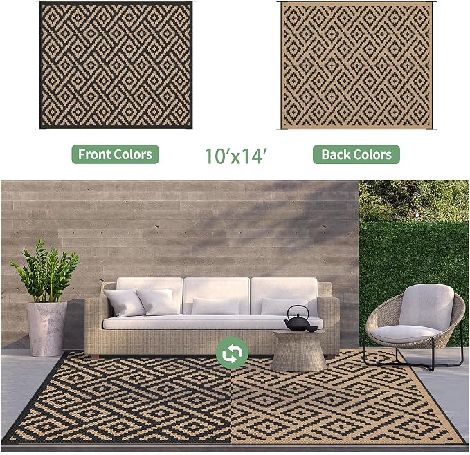 GENIMO Outdoor Rug for Patio Clearance, 10'x14' Waterproof Large Camping Mat, Reversible Plastic Straw Rugs for RV, Camper, Balcony, Backyard, Picnic, Deck (Black & Brown)