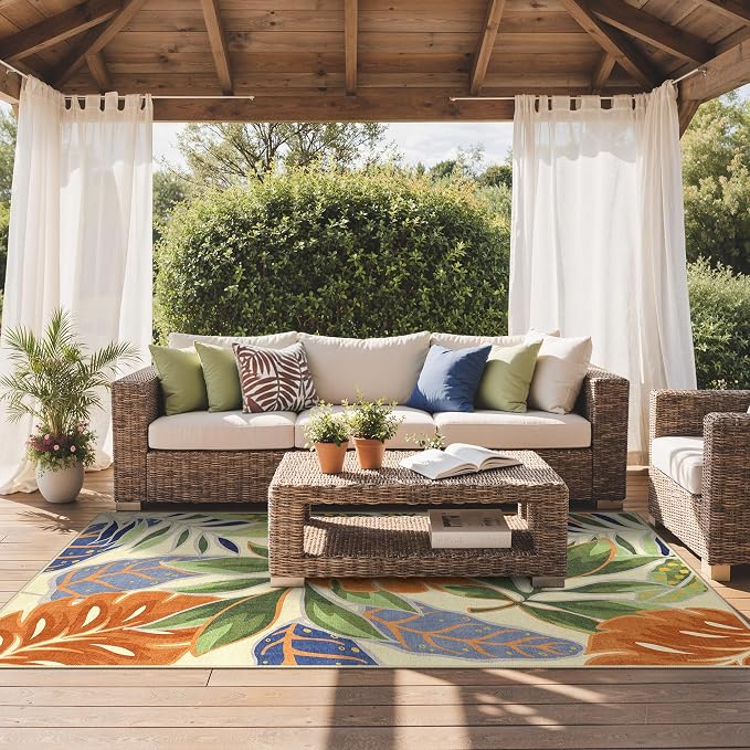 GENIMO Outdoor & Indoor Area Rug 5'x8', Waterproof, Non-Shedding, Easy Cleaning, Leaf Mat for Patio, Living Room, Balcony, Dining Room, RV, Deck, Bedroom, Camping, Outside Carpet, Rust Sage