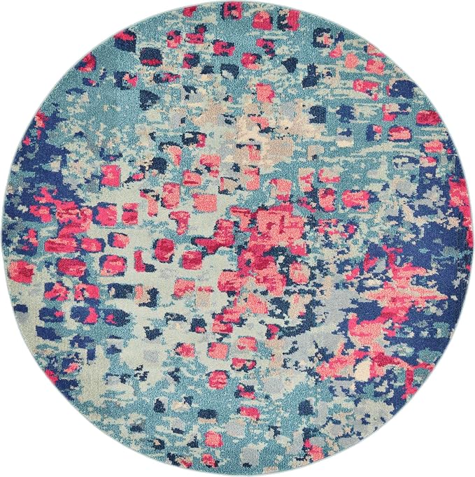 Unique Loom Jardin Collection Colorful, Vibrant, Abstract, Modern Area Rug (6' 0 x 6' 0 Round, Blue/ Pink)