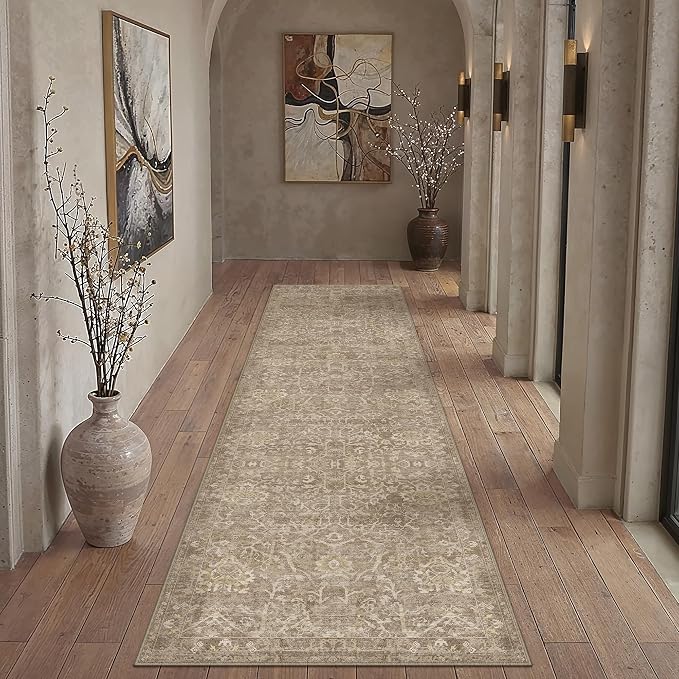 3x10 Light Brown Vintage Floral Washable Runner Rug for Hallway | Low Pile, Non Slip, Retro Style, Soft Distressed Indoor Rug for Entrance, Kitchen, Bedroom, Laundry Room, Home Decor