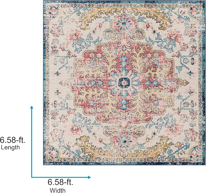 Livabliss Area Rugs - 7x7 Odelia Vintage Boho Aqua Burgandy Blue Square Area Rug for Living Room Bedroom - Floral Medallion Stain Resistant Carpet for Kitchen, Nursery, Office (6'7" Square)