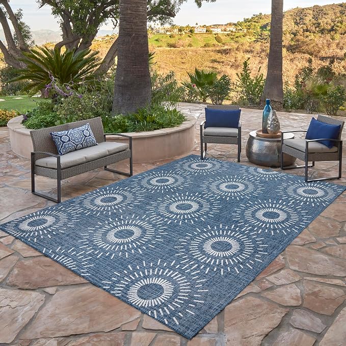 Gertmenian Indoor/Outdoor Flatweave Area Rug - 6x9 Medium, Stain & UV Resistant, Ideal for High Traffic Areas in Deck, Patio, Mudroom - Geometric, Navy, 32456
