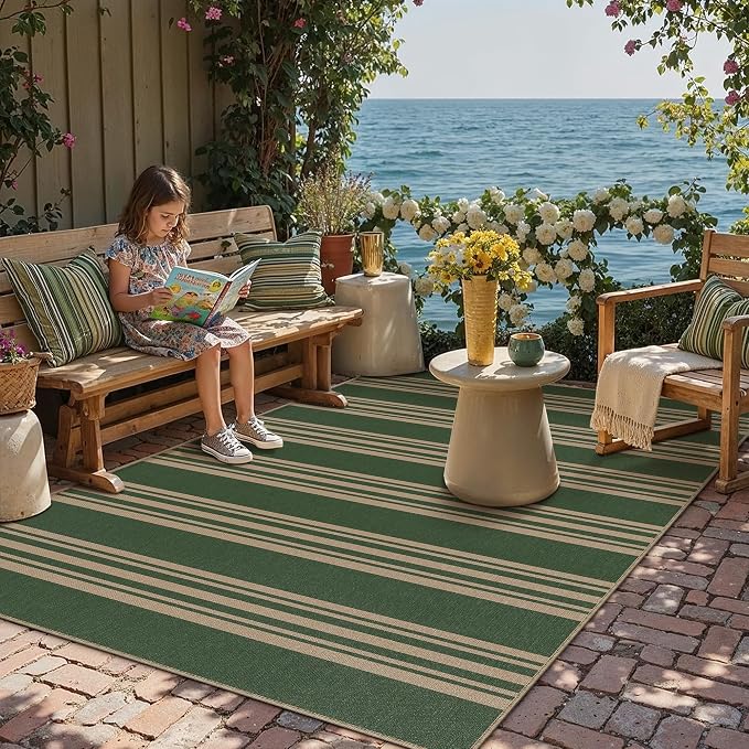 PureCozy Striped Easy Jute Rug 3x5 Green Entryway Carpet Washable Non Slip Office Door Mat Farmhouse Neutral Non Shedding Small Indoor Outdoor Rug for Bathroom Kitchen Bedroom Living Room