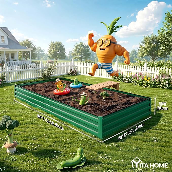 YITAHOME 2pcs 8x4x1ft Galvanized Raised Garden Bed, Metal Planter Box with Safety Rubber, Gloves, Outdoor Flower Bed for Planting Plants Vegetables, Green