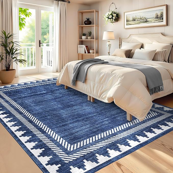 GarveeHome Washable Rug 5x7 Unique Bordered Geometric Rug for Living Room,Modern Neutral Carpet with Non Slip TPR Backing, Soft Non Shedding Floor Covering, Low Pile Foldable Mat for Nursery,Blue