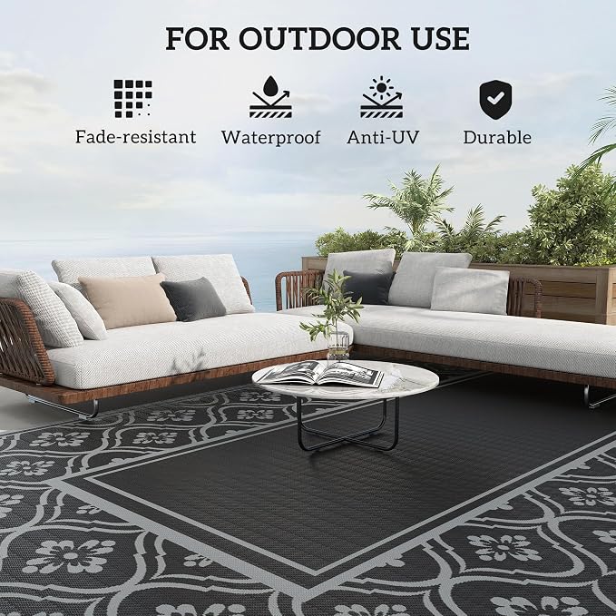 Outsunny Outdoor Rug for Patio, 9' x 18' Waterproof Large Mat, Reversible Plastic Straw Rug for Decor, Portable Outside RV Camping Area Carpet Mat for Backyard Porch Deck Picnic, Black & Gray Gourd