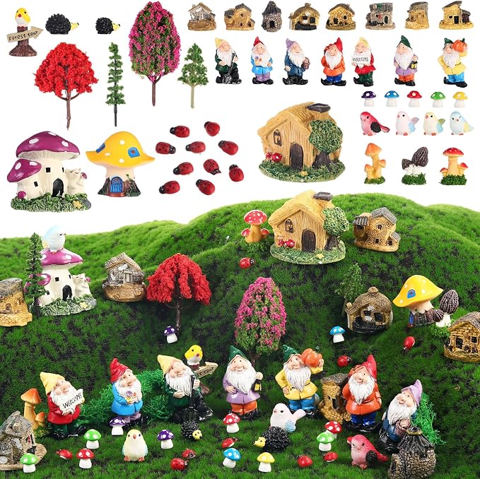 58 Pcs Miniature Garden Set Gnome Mushrooms Animals Fairy House Diorama Supplies Fairy Village Mini Terrarium Figurines Micro Landscape Ornament Mixed Tree for DIY Garden Succulent Dollhouse decor
