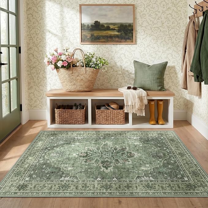 RELEANY Washable Area Rug, 3'x5', Green/Dark Green/Gray | Non-Slip, Water Repellent, Pet Friendly, Easy to Clean, Vintage Floral Boho Decor for Living Room Bedroom Beside Kitchen