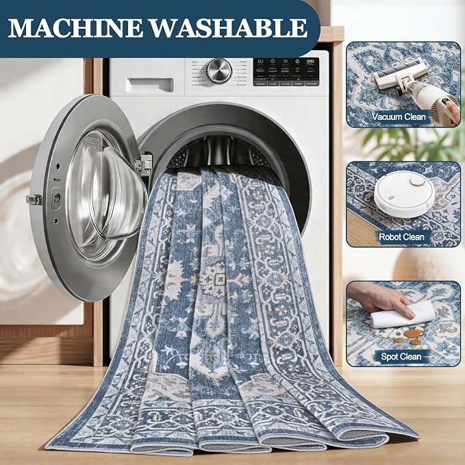 6x9 Washable Area Rugs for Living Room Blue Non-Slip Rug | Vintage Medallion Rug，Soft Low Pile Large Rugs，Indoor Retro Carpet for Bedroom Nursery Dining Table Farmhouse Home Office