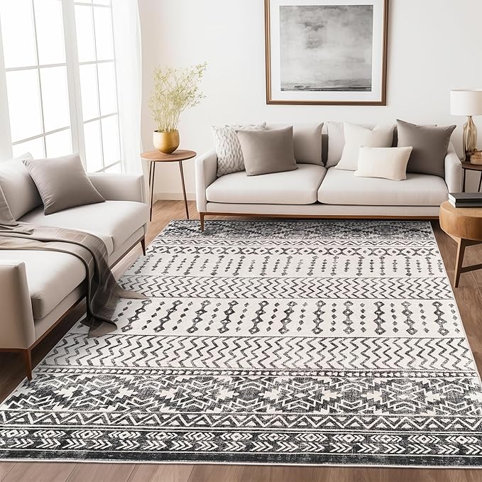 Art&Tuft 4x6 Area Rug Non Slip, Moroccan Washable Rugs for Bedroom, Black | Low Pile, Soft & Lighweight, Thin, Folable, Stain Resistant Indoor Carpet for Living Room, Kitchen, Coffee Table, Powder Room