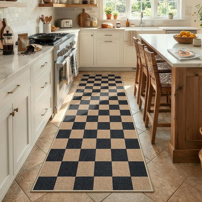 Lahome Colette Checkered Easy Jute Runner Rug, 2x8 Kitchen Rug Non Slip Washable Outdoor Runner for Entryway Indoor, Checkerboard Black Indoor Outdoor Carpet for Hallway 8ft Entry
