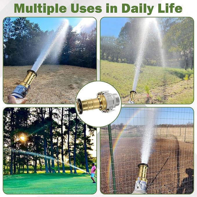 2" NPSH Brass Industrial Fire Hose Nozzle with 2 x Aluminum 2 inch Camlock Fittings Couplings Fire Equipment Constant Flow Heavy-Duty Fog Nozzle
