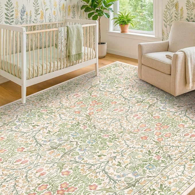 Beige Green Bedroom Rug 5x7 Area Rug for Living Room, Vintage Washable Floral Rugs for Nursery, Dining Room, Light Green Non Slip Stain Resistance Distressed Retro Low Pile Floor Mat Indoor