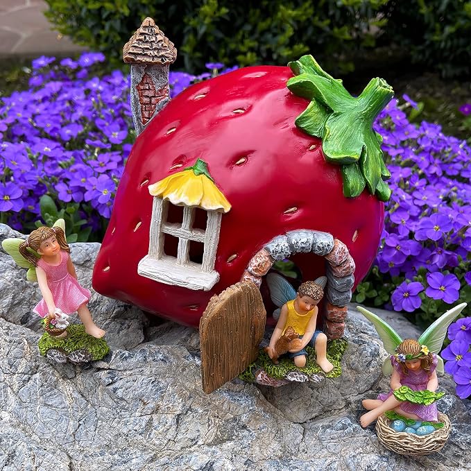Mood Lab Fairy Garden Figurines - Strawberry House Set (4 pcs) - Miniature Decorative Statues & Accessories - Outdoor & Indoor Garden Decor