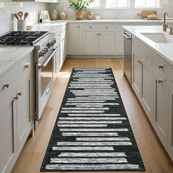 GarveeHome 2x6 Black Runner Rug for Hallway Striped Non Slip Kitchen Rug | Non-Slip Washable Low Pile Carpet for Bedroom Entryway Stain Resistant Foldable Soft Enreyway Rugs