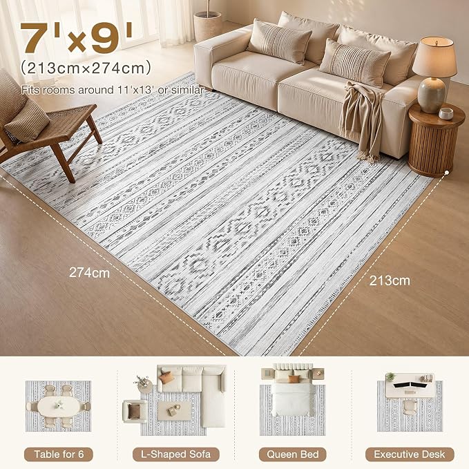 cotiled Boho 7x9 Area Rug for Living Room: Large Moroccan Washable Rug | Solve Modern Neutral Trendy Home Decor - Stain Resistan Indoor Carpet for Bedroom Dining Room Cream Grey