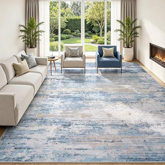 9x12 Washable Area Rug Modern Abstract for Living Room Bedroom Blue | Soft Indoor Carpet,Anti-skid Backing,Water Repellent,Non-shedding, Suitable for bedroom dining farmhouse nursery home office
