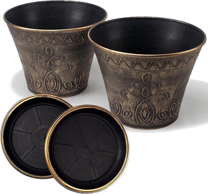 Large Fancy Decorative Planter (2 Pack) Rustic French Country Look Flowerpot Nursery Pot for Indoor, Outdoor, Garden, Patio, Office, Home Decor Use. Long Lasting, Reusable Light Weight (Gold-L)
