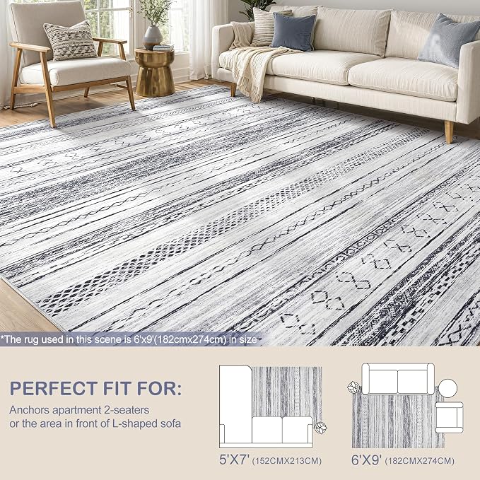 Tortania Area Rug Living Room Rugs - 6x9 Washable Large Soft Neutral Boho Moroccan Bohemian Farmhouse Rug Indoor Floor Carpet for Bedroom Under Dining Table Home Office Decor - Grey