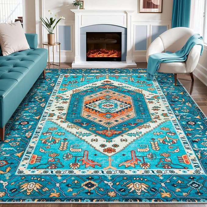 SERISSA 8x10 Washable Non Slip Boho Area Rug for Living Room，Blue | Ultra Soft Vintage Oriental Carpet Low-Pile Distressed Tribal Throw Carpet for Dining Room Bedroom Dorm Office Home Decor