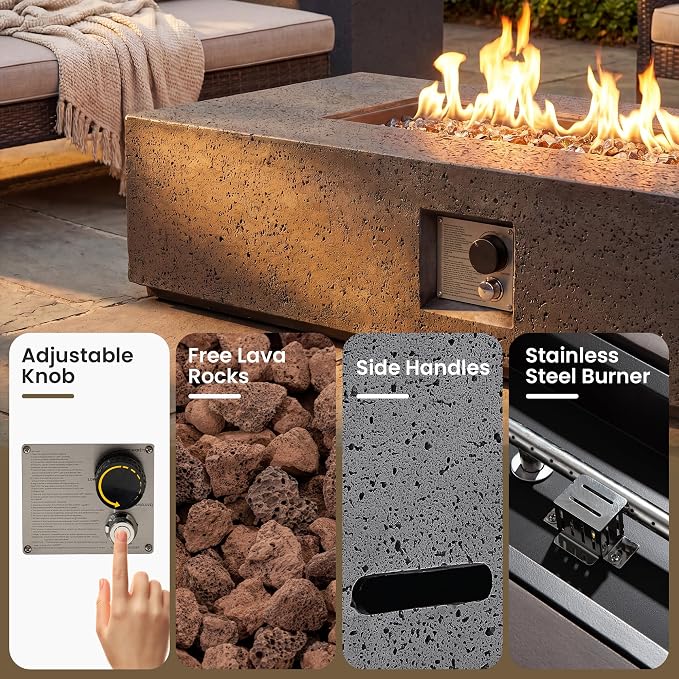 COSIEST 56-inch x 28-inch Outdoor Propane Fire Pit Coffee Table w Concrete Rectangle Base, 50,000 BTU, Free Lava Rocks and RainCover, Fits 20lb Tank Outside, Gray