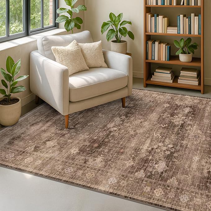 Taupe Brown 5x8 Rug for Living Room - Vintage Traditional Dark Neutral Geometric, Washable Foldable Non-Slip Area Rugs for Dining Under Table, Home Office, Guest Room