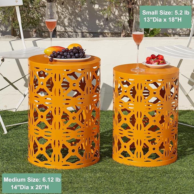 Y&M Outdoor Side Tables Set of 3, Round Metal Stacking Patio Side Tables, Indoor & Outdoor End Tables, Decorative Garden Stool Plant Stand for Patio, Garden, Balcony, Porch, Orange