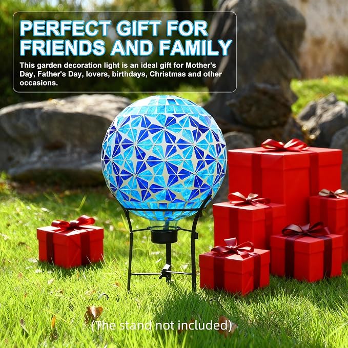 SAVENNA Mosaic Garden Gazing Ball 10 Inch, Glass Decorative Sphere for Indoor & Outdoor Garden, Patio, Home & Yard, Blue Geometric Star Pattern