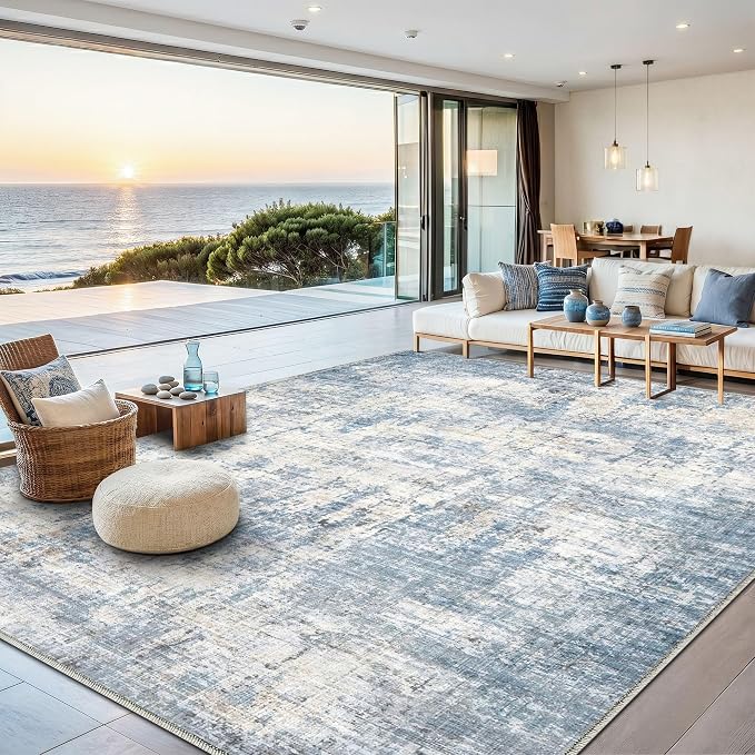 9x12 Area Rugs Washable Modern Abstract Living Room Bedroom Rug | Non Slip Soft Carpets Coastal Indoor Floor Stain Resistant Large Carpet for Bedroom Dining Room Farmhouse Nursery Office