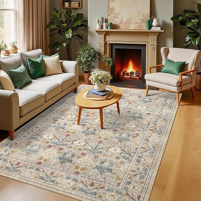 GarveeHome Beige Washable Area Rug 5x7, Retro Floral Low Pile Non Slip Living Room Rug Soft Cottage Core Rug Farmhouse Indoor Carpet for Bedroom Dining Room Playroom