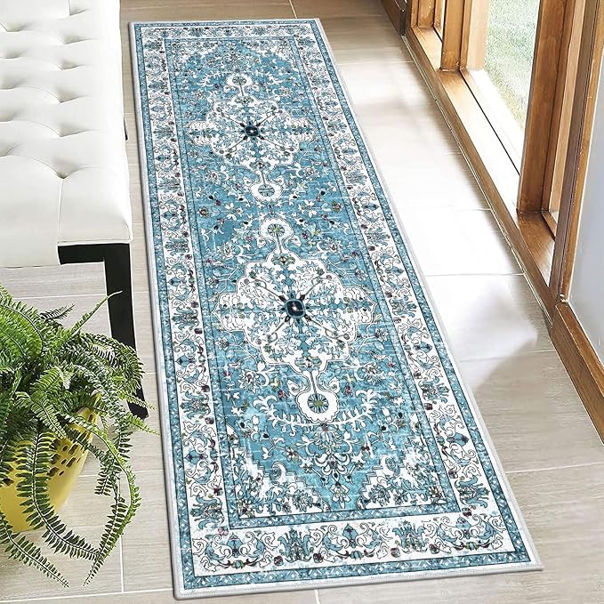U'Artlines 2' x 6' Boho Hallway Runner Rug, Washable Carpet, Teal | Non Slip, Vintage Farmhouse Accent Area Rug Carpet, for Kitchen Entryway Laundry and Living Room